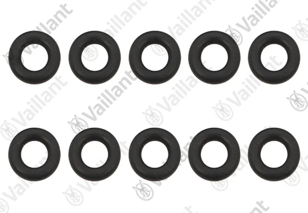 Zehn schwarze O-Ringe auf weißem Hintergrund, hergestellt von Vaillant, in kreisförmiger Form ohne erkennbare Maße oder spezifische Bezeichnungsvermerke.